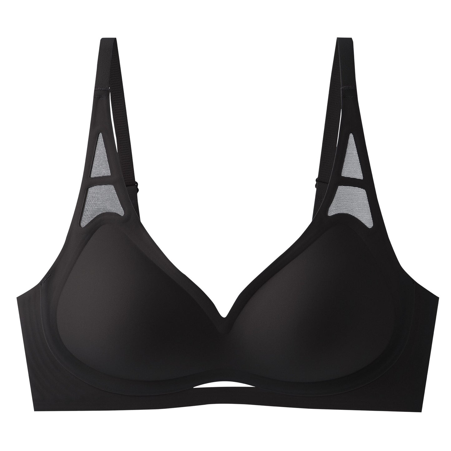 Seamless, soft-support bra with jelly-like padding and adjustable straps in black made by ucharm bras