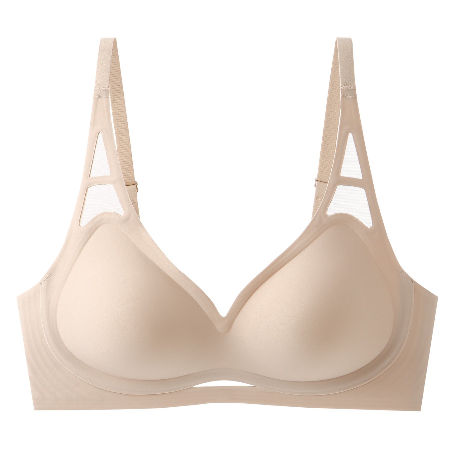 Sleek, no-show bra with gentle, wire-free support and a unique W-shaped lift in a delicate nude shade.