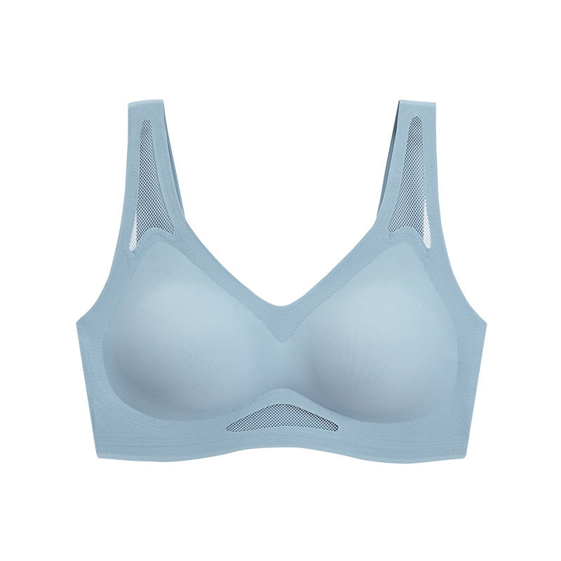 Pale blue seamless sculpting bra with mesh ventilation panels made by ucharm bras