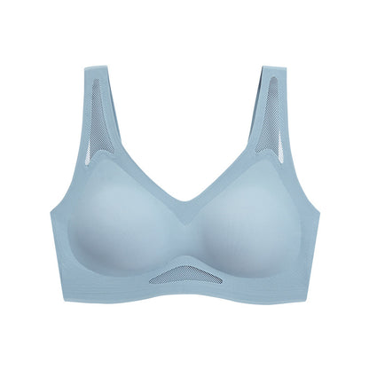 Pale blue seamless sculpting bra with mesh ventilation panels made by ucharm bras