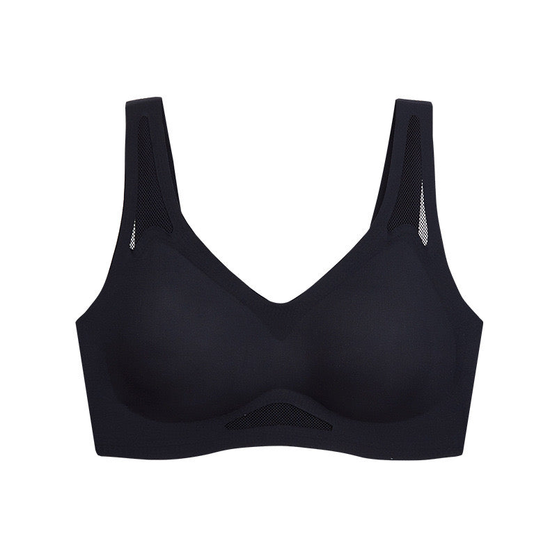 Black seamless sculpting bra featuring mesh insets for breathability made by ucharm bras