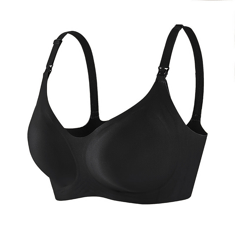 Classic black nursing bra with four rows of three buckles for an adjustable, snug fit.