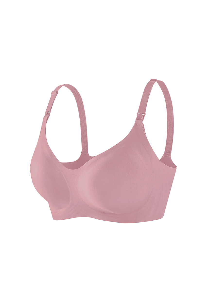 a soft-pink nursing bra with jelly strip support and single-hand unbutton feature.