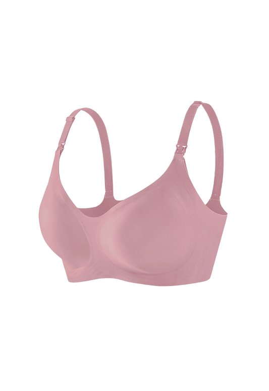 a soft-pink nursing bra with jelly strip support and single-hand unbutton feature.