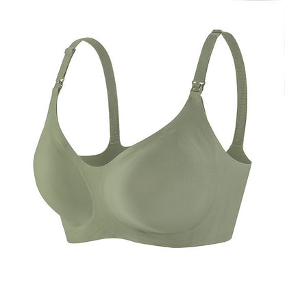 Sage-green nursing bra showcasing its stable support and side jelly strip for excess skin gathering.