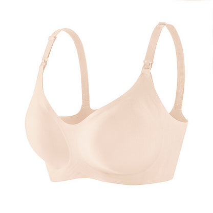 Neutral beige nursing bra with fixed cups, designed to prevent slipping and provide stability.