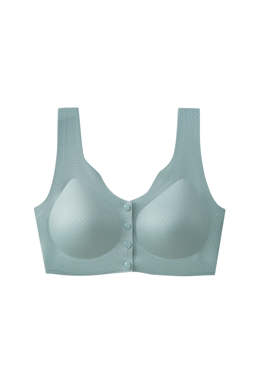 Front-opening beige wireless nursing bra with breathable cups for full bust support made by ucharm bras