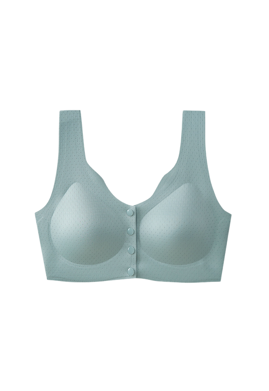 Front-opening beige wireless nursing bra with breathable cups for full bust support made by ucharm bras