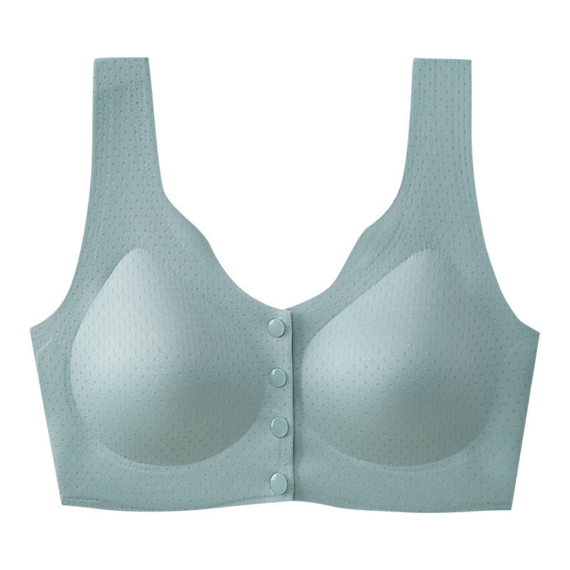 Sage green wireless nursing bra with front clasps and ventilated fabric, designed for large busts.