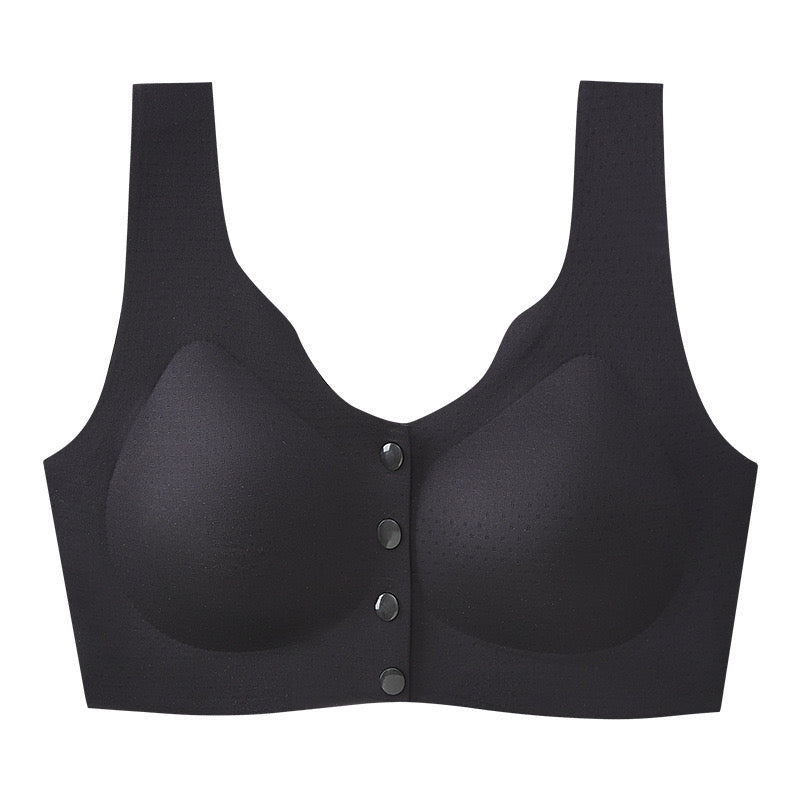 Black wireless nursing bra featuring a front opening and mesh texture for large breast women