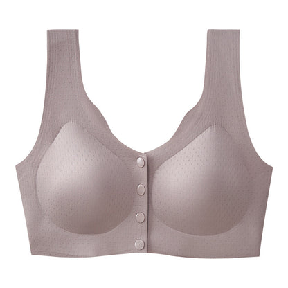 Grey wireless nursing bra featuring a front opening and mesh texture for plus size women.