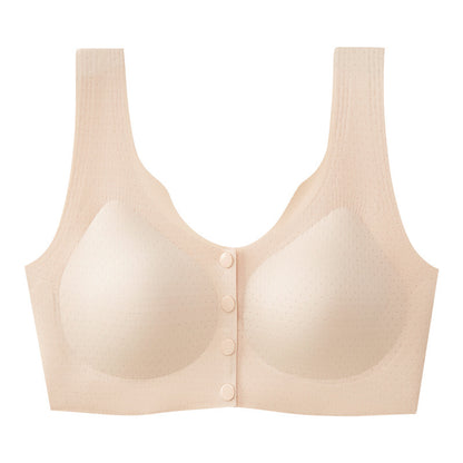 Nude front-clasp wireless nursing bra highlighting the anti-slip shoulder straps and U-back design made by ucharm bras