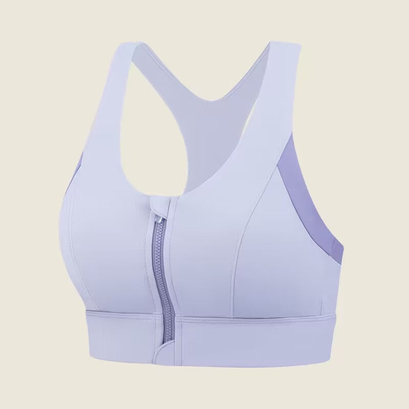 Lavender sport bra with front closure zipper and racerback design made by ucharm bras