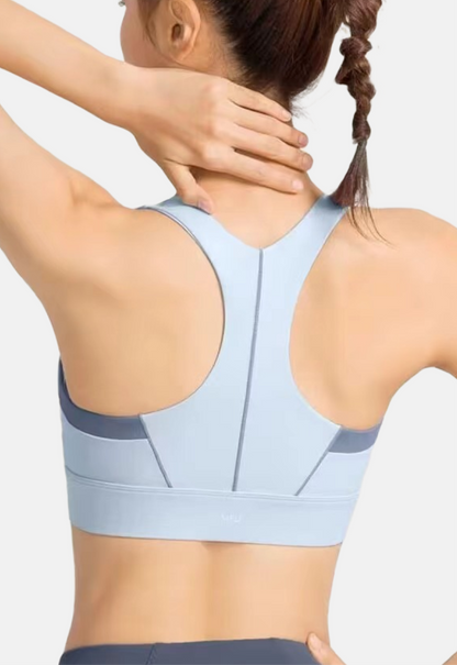 Back-view of a high-impact sports bra showcasing the shock-absorbing racerback design for stability