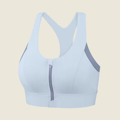 Light blue hight impact sport bra with front closure made by ucharm bra