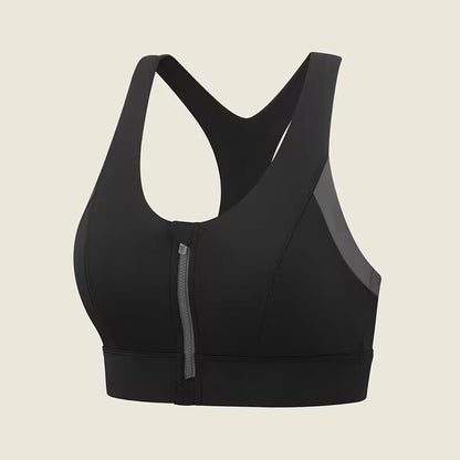 Classic black racerback yoga bra with front opening zipper made by ucharm bras