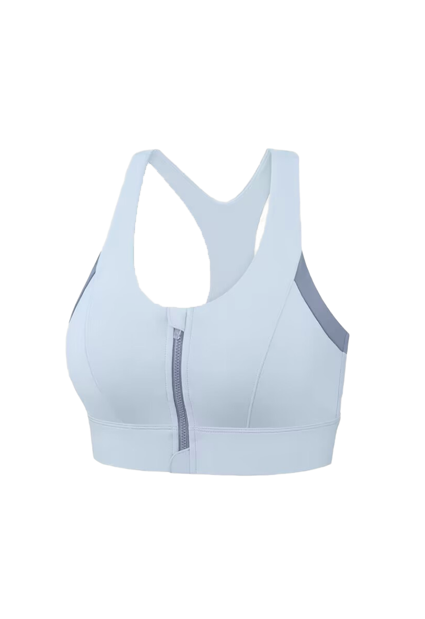 Light blue hight impact sport bra with front zipper made by ucharm bra