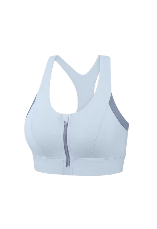 Light blue hight impact sport bra with front zipper made by ucharm bra