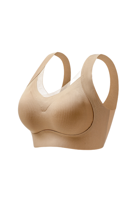 Ivory seamless wireless bra with vertical stripe fabric and anti-slip shoulder design