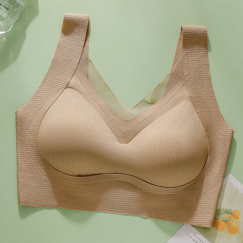 Close-up of beige wireless bra showcasing the detachable pads and high elasticity made by ucharm bras