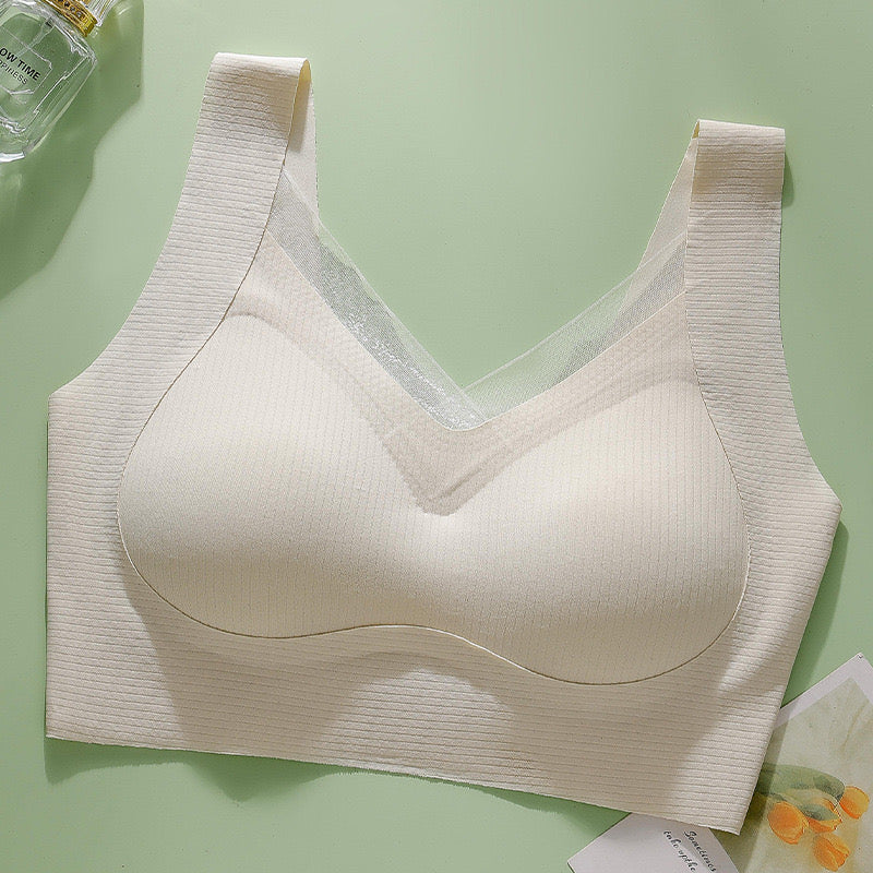 Ivory seamless wireless bra with vertical stripe fabric and anti-slip shoulder design made by ucharm bras