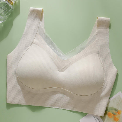 Ivory seamless wireless bra with vertical stripe fabric and anti-slip shoulder design made by ucharm bras