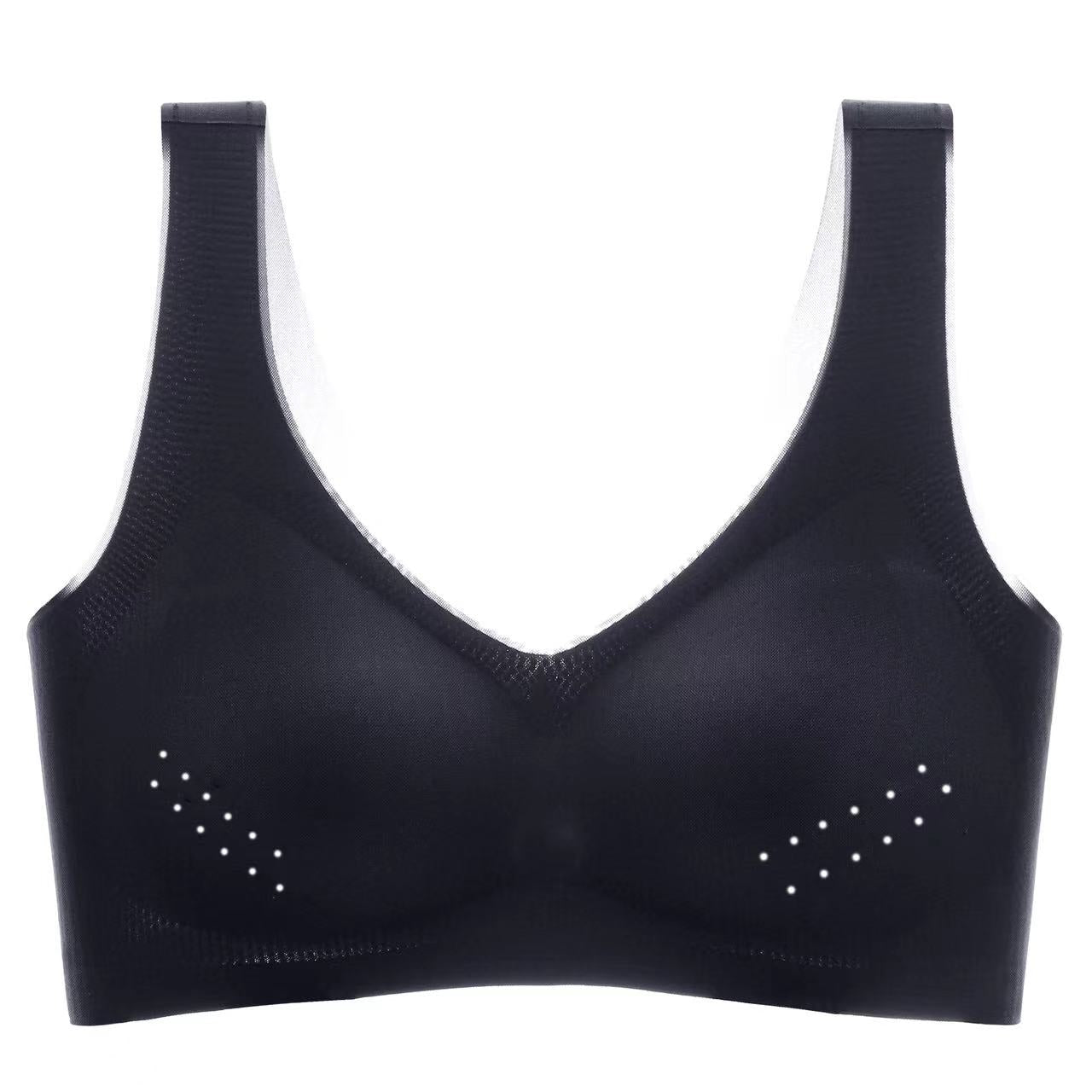 Close-up of a black wireless bra with breathable mesh and breathable holes on removable pads