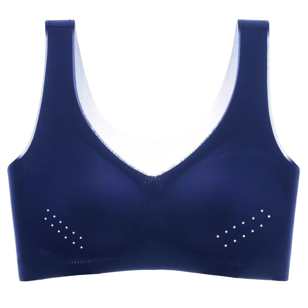 Navy blue seamless wireless bra with high-elasticity straps and detachable cups made by ucharm bras