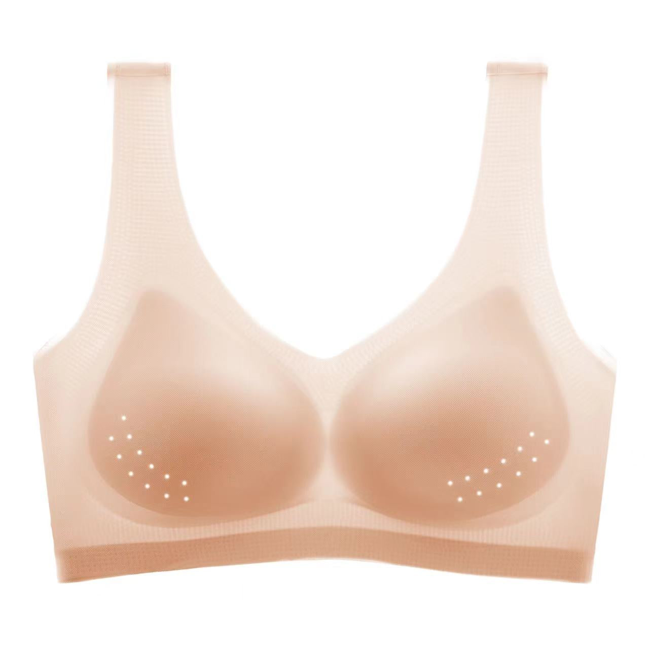 Seamless skin-toned wireless bra with breathable material and no-sag design