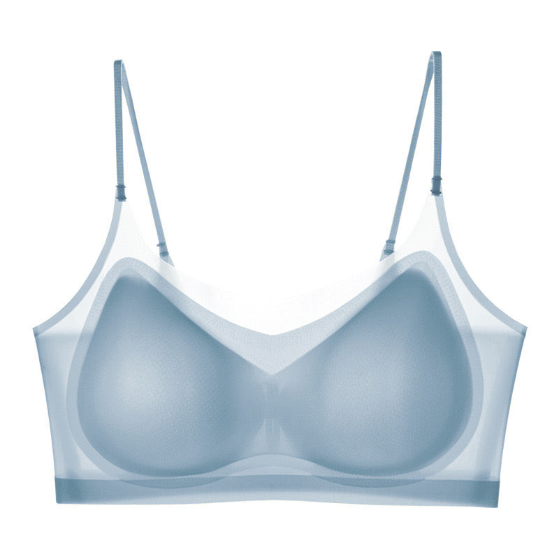 Front view of a beige ultra-thin wireless bra with honeycomb cup design and side support