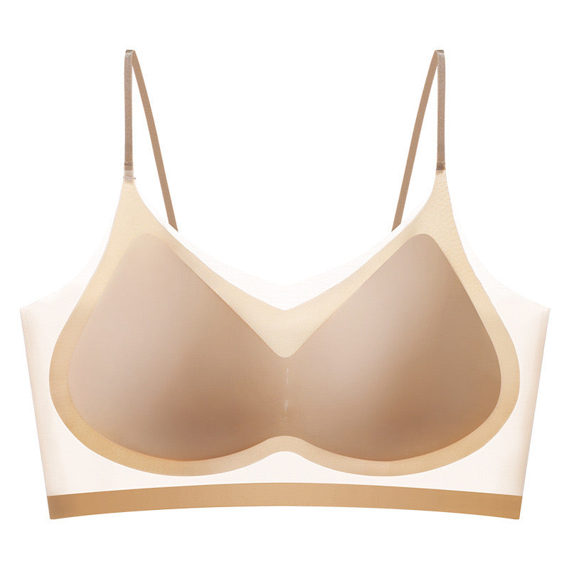 Front view of a light yellow ultra-thin wireless bra with strong side support and a breathable fabric by ucharm bras