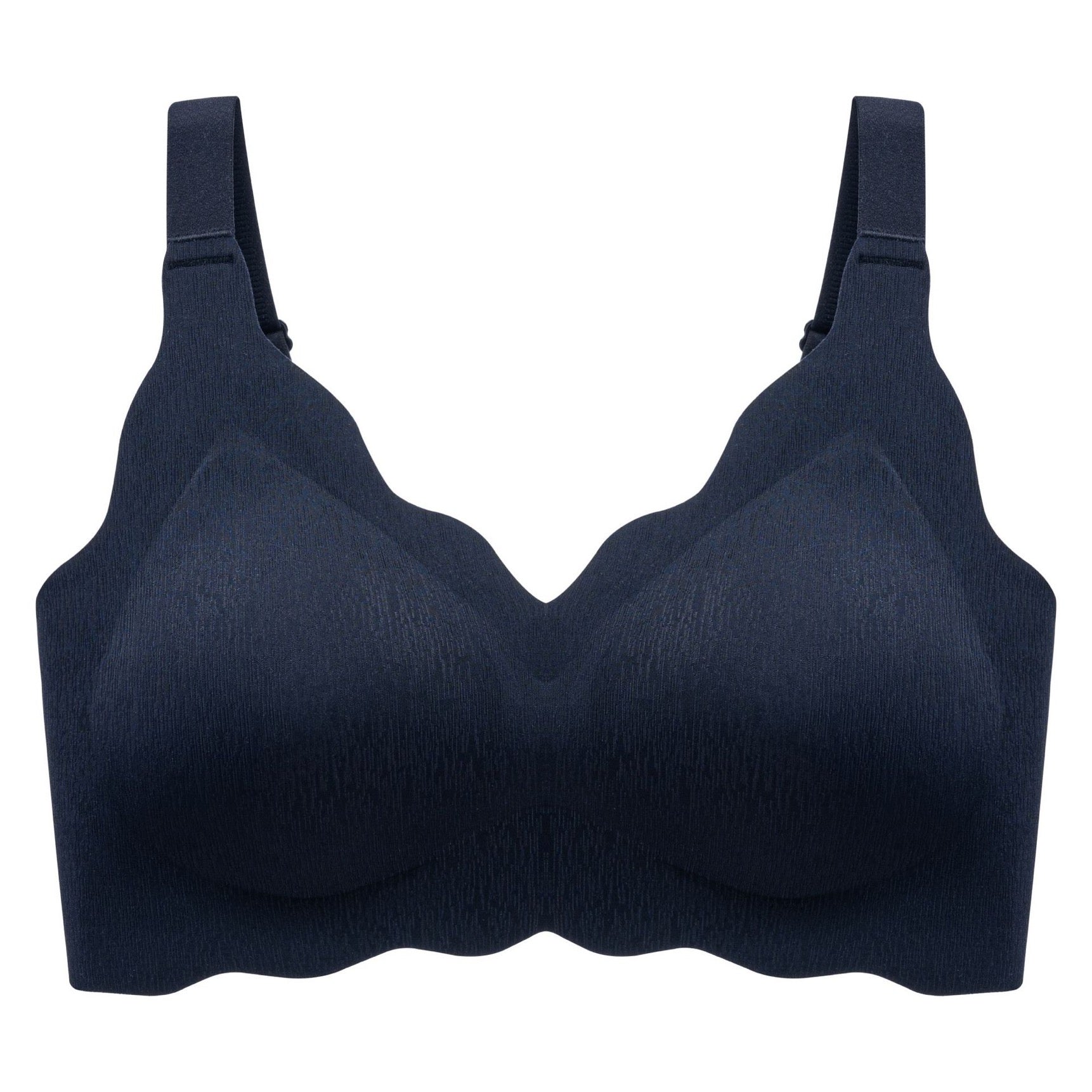 Dark-navy wireless bra designed for full coverage with seamless, supportive cups and side spillage control by ucharm bras