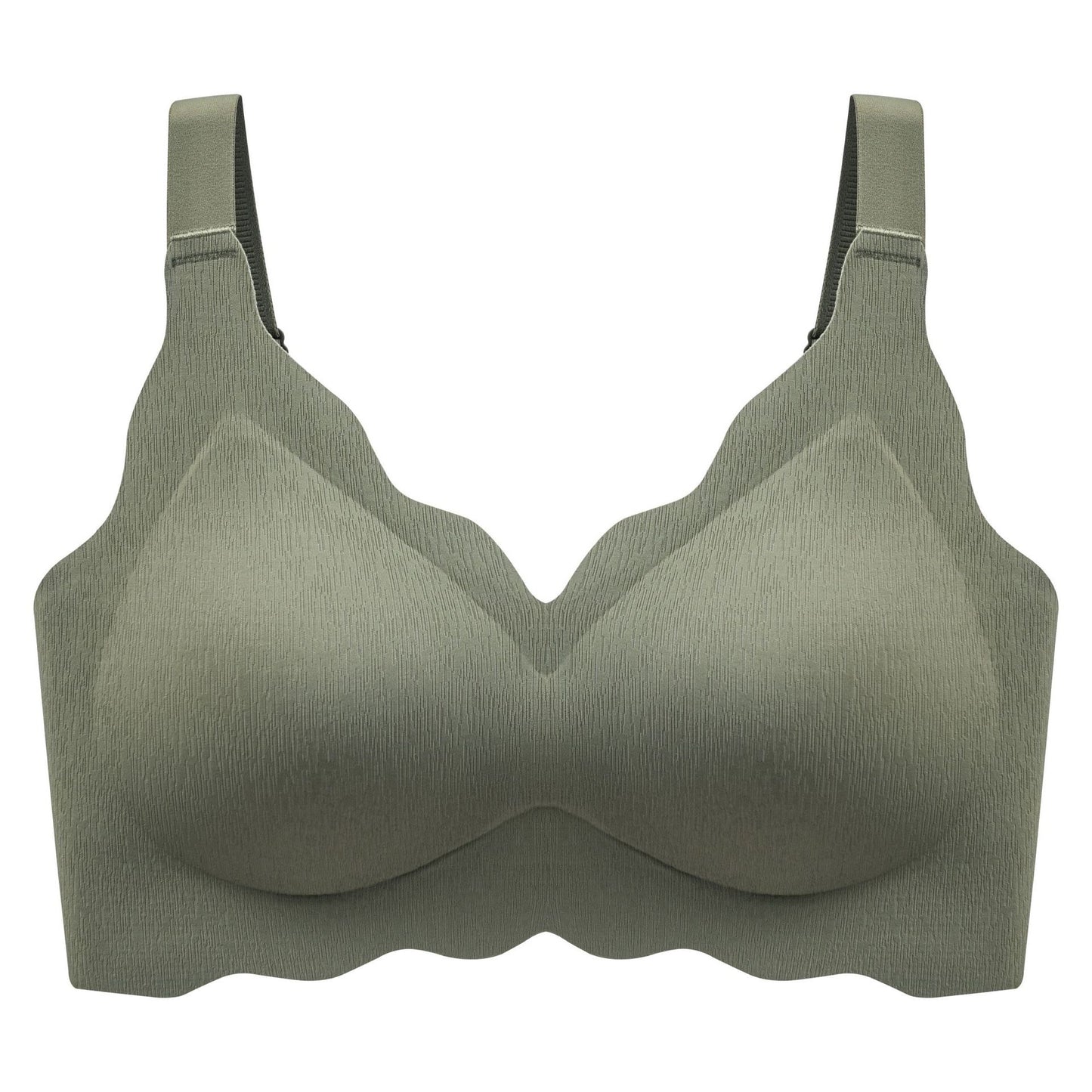 Close-up of the olive-green wireless bra's four-hook closure and heightened side support for extra stability by ucharm bras.