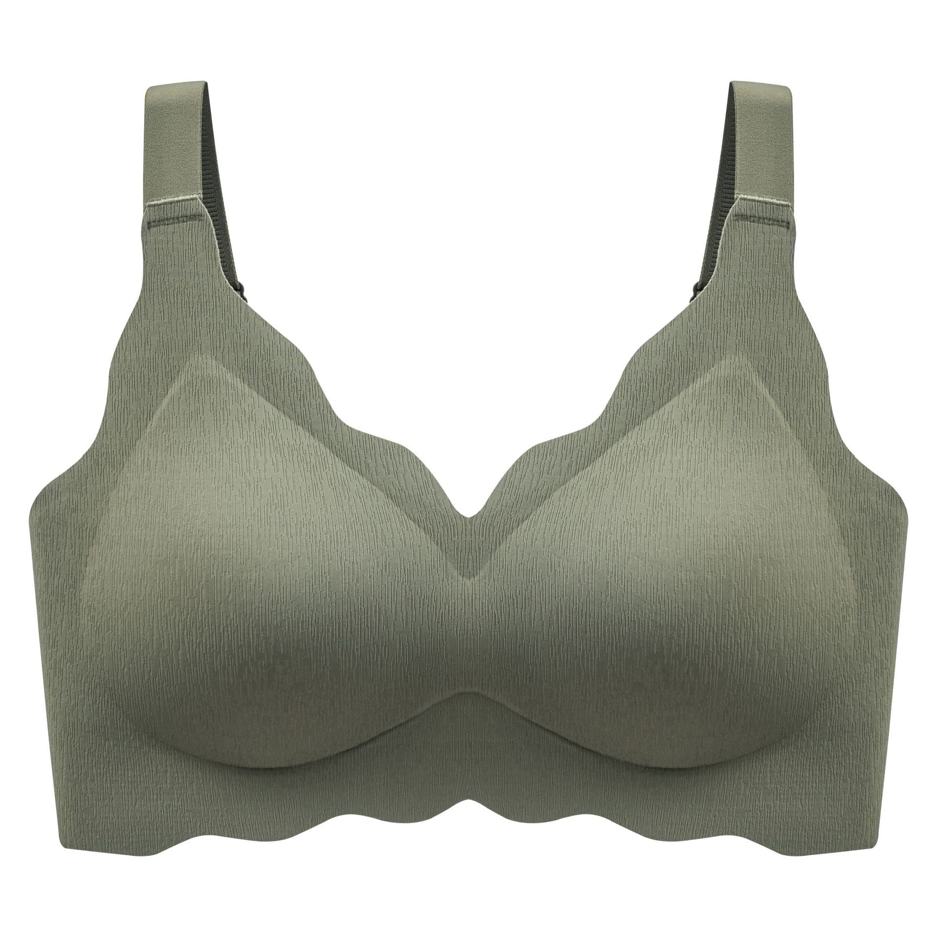 Close-up of the olive-green wireless bra's four-hook closure and heightened side support for extra stability by ucharm bras.