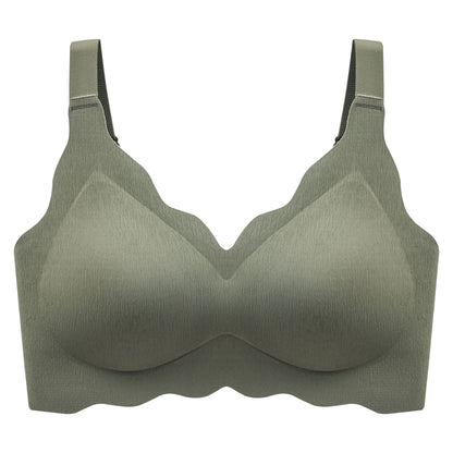 Close-up of the olive-green wireless bra's four-hook closure and heightened side support for extra stability by ucharm bras.