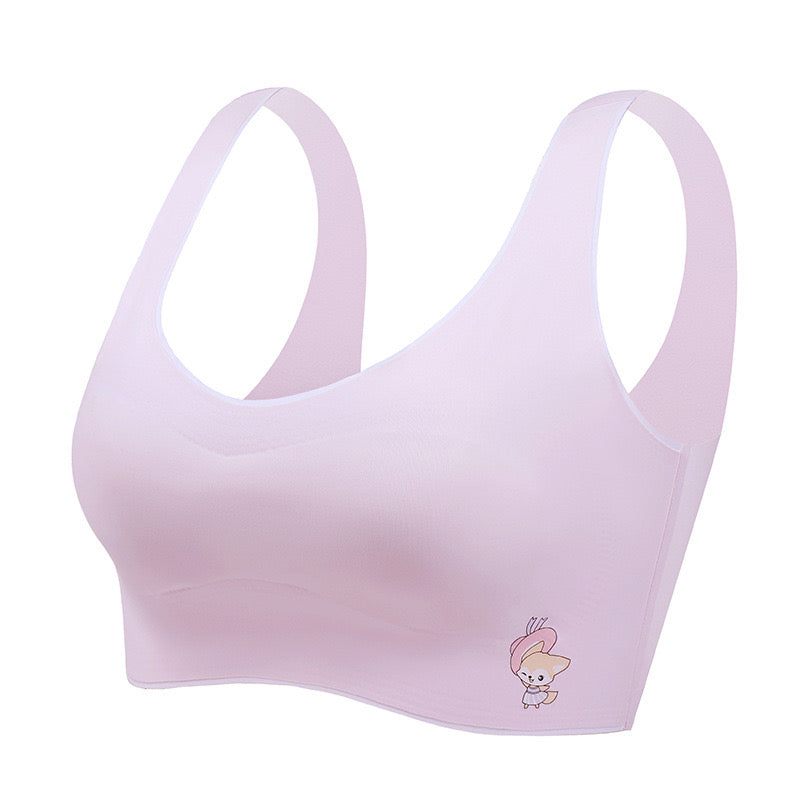 Side-view of a pink training bra for girls with cute bear print and wire-free bra design by ucharm bras