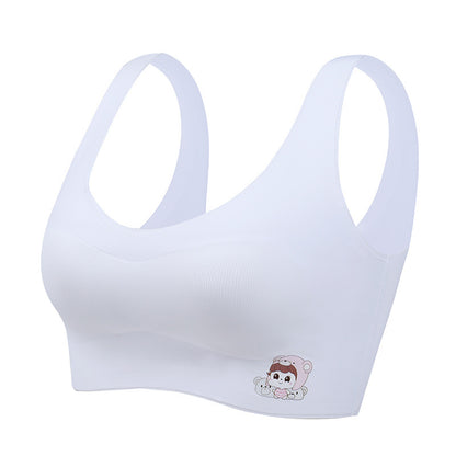 Close-up of white training bra for girls with cute bear print and wire-free design by ucharm bras