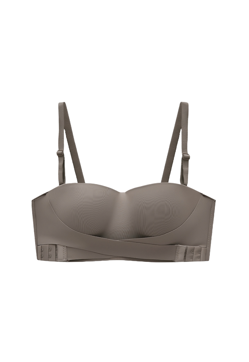 Versatile nude bandeau bra with detachable straps and anti-slip design" (for the first image