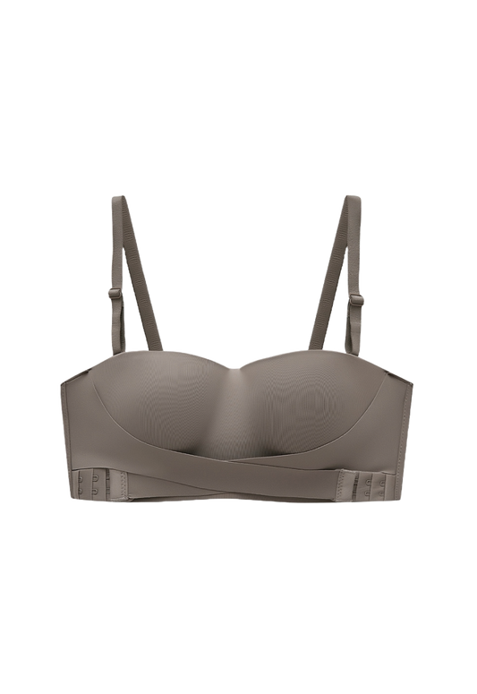 Versatile nude bandeau bra with detachable straps and anti-slip design" (for the first image