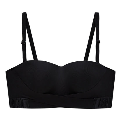 Elegant black strapless bra with secure X-band front and anti-slip material