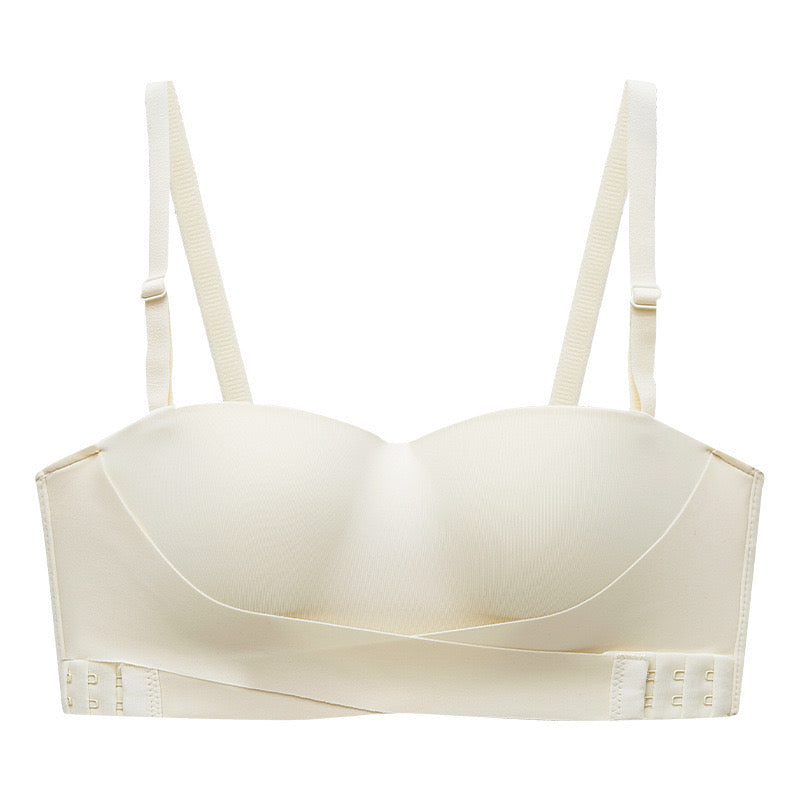 Elegant white strapless bra with secure X-band front and anti-slip material