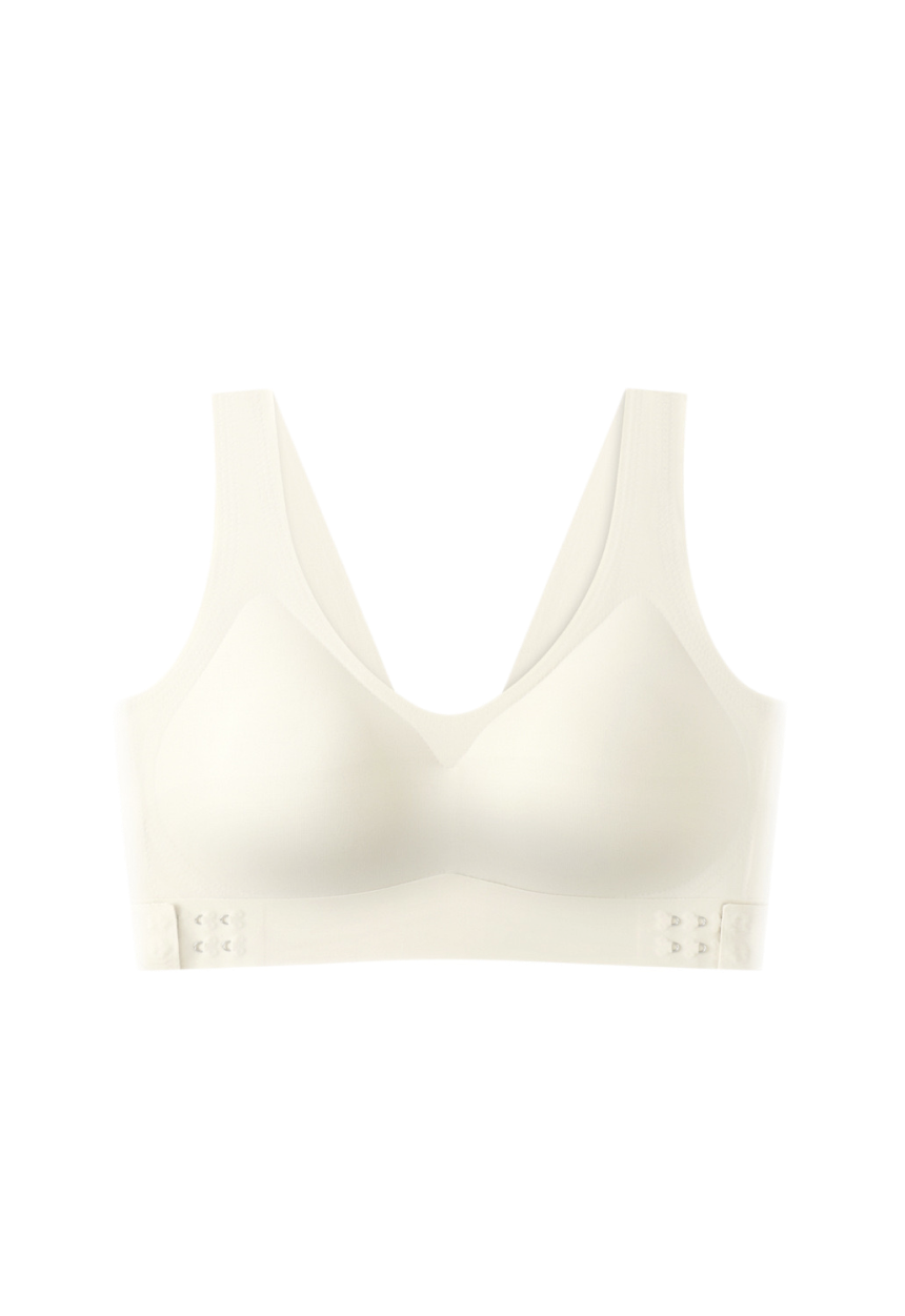 Ultra-soft seamless beige bra with smooth fabric and cross-back detail, front view