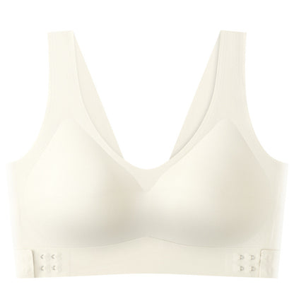 Front view of a cream seamless bra, displaying the wire-free comfort and support