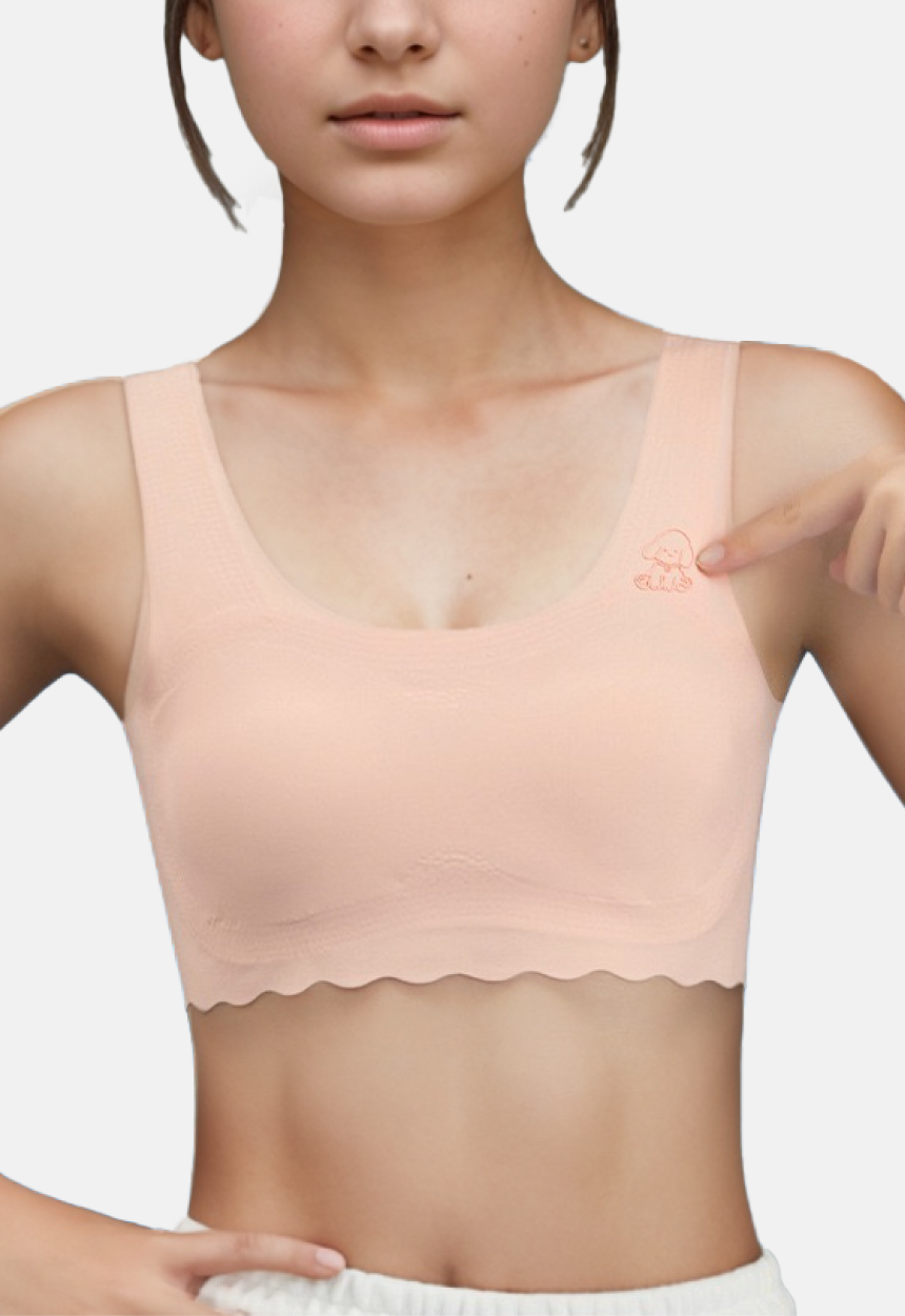 Girl wearing a vest styled pink bra with a dog imprint made by ucharm bras