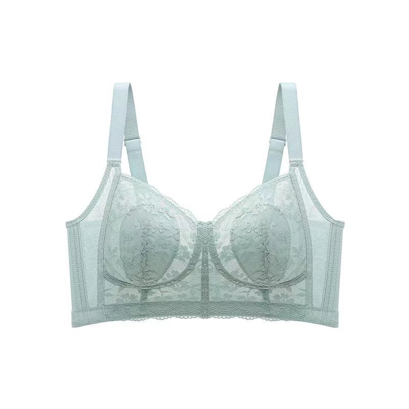 Sky blue lace wireless bra featuring anti-bulge rabbit ear padding and side panels for fat control made by ucharm bras