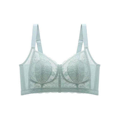 Sky blue lace wireless bra featuring anti-bulge rabbit ear padding and side panels for fat control made by ucharm bras