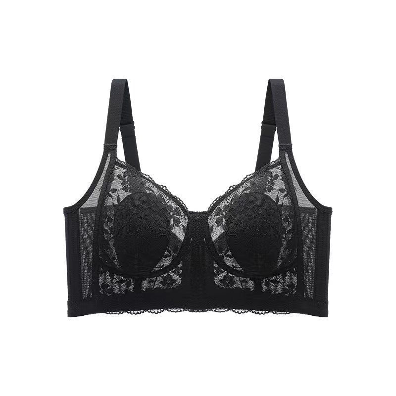 Elegant black lace wireless bra designed for full busts with breathable padding and side panels from ucharm bras