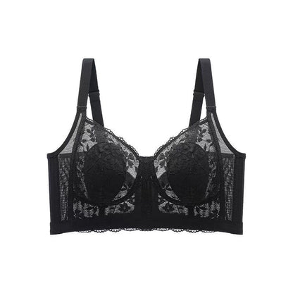 Elegant black lace wireless bra designed for full busts with breathable padding and side panels from ucharm bras