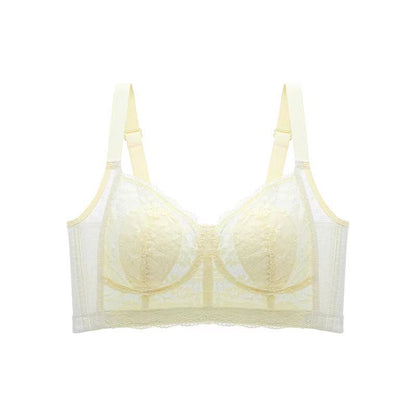 Elegant yellow lace wireless bra designed for full busts with breathable padding and side panels