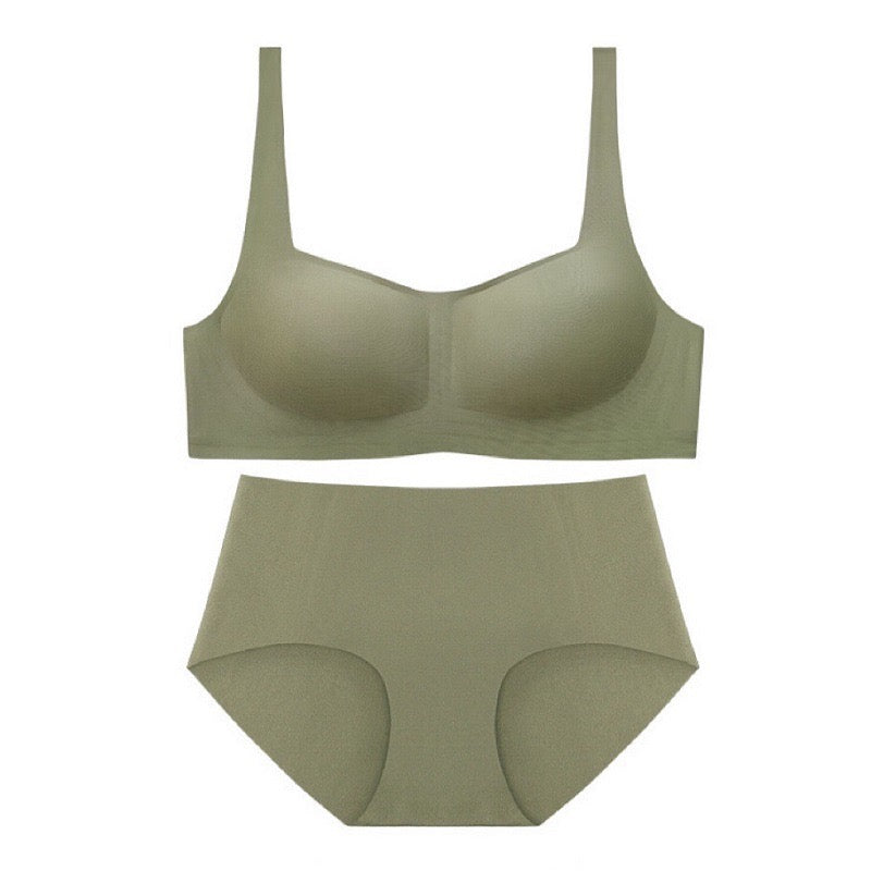 Green undergarment set with a square-neck wireless bra and a mid-waist seamless underwear